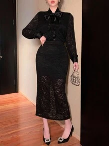 DAZY Women's Lace Fabric Bowknot Long Sleeve Loose Cardigan And A-Line Skirt Elegant 2 Pieces Set,Fall Women Clothes - Black - View 4