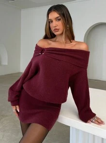 Aloruh 女士性感优雅露肩金属扣腰饰紧身迷你毛衣裙，酒红色，勃艮第红连衣裙，秋冬勃艮第红毛衣 - 酒紅色 - 查看 6