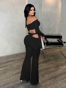 SHEIN SXY Bộ đồ 2 món vải dệt kim màu trắng co giãn cao, thoáng khí, thoải mái cho nữ: Áo crop top hở vai, cổ yếm, buộc dây + Quần ống loe khoét eo, thích hợp mặc hàng ngày, dự tiệc, mặc nhà thường ngày - màu đen - Xem 2