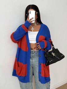Maweii Plus Size Women Contrast Color Casual Loose Striped Pocket Open Front Cardigan Sweater Fall Winter Cloth For Women Autumn - Blue - View 1