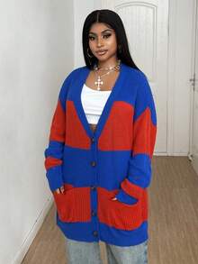 Maweii Plus Size Women Contrast Color Casual Loose Striped Pocket Open Front Cardigan Sweater Fall Winter Cloth For Women Autumn - Blue - View 3