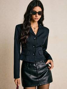 Poéselle Women's Striped Print Front Button Closure Fitted Elegant Long Sleeve Regular Jacket,Premium Fitted Waist Pinstripe Blazer – High-Quality Chic Short Suit Jacket For Women, Holiday & Party Look Autumn Winter Clothes For Women