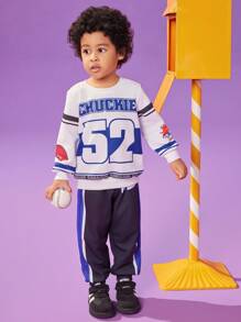 Nick 90s | SHEIN 2pcs/Set Young Boy Sports Casual Jersey Style Cartoon & Numeric Graphic White Crew Neck Long Sleeve Sweatshirt And Pants Knit Tracksuit - Multicolor - View 4