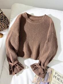 SHEIN 少女秋冬棕色咖啡色针织罗纹袖口蝴蝶结宽松套头毛衣，适合秋冬休闲日常穿着，可与妈妈搭配，时尚秋季，母女棕色针织毛衣，袖口系带 - 鏽棕色 - 查看 6