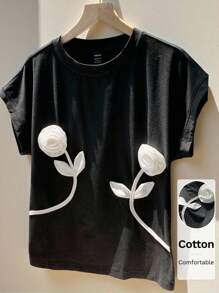 Comfortcana Damen Kontrast-Farben Blumen 3D Dekoration Rundhals Bluse - Schwarz - Übersicht 2
