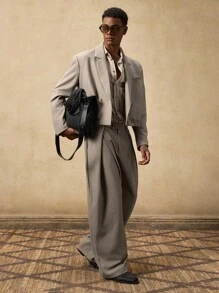 AKNOTIC 2pcs Business Casual Men's Fashion Loose Woven Khaki Regular Shoulder Fitted Short Suit Blazer Set, Suitable For Summer, Autumn, Vacation, Wedding, Party, Graduation Gift - Khaki - View 4