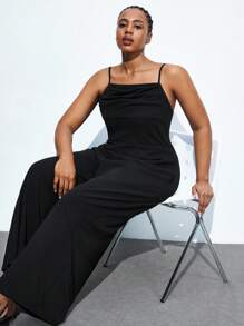 Maija Plus Size Black Sleeveless Pleated Front Wide Leg Jumpsuit,Summer Elegant Formal Evening Casual Solid Color Business Modest Vintage Teacher Outfits - Black - View 8