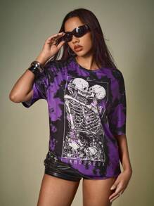 Y2Kool Deniart 女式宽松扎染骷髅印花 T 恤，万圣节秋季休闲上衣，适合派对、节日、度假图案 T 恤女式超大号垃圾摇滚衬衫哥特衬衫骷髅衬衫骨架衬衫 Y2K 服装 - 紫色 - 查看 6