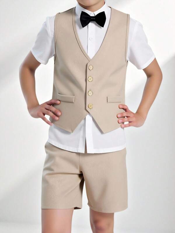 SHEIN Tween Boy 3-Piece Formal Suit: Vest + Short Sleeve Shirt + Shorts/Trousers With Bow Tie, For Birthday Party, Wedding, Anniversary, Valentine's Day