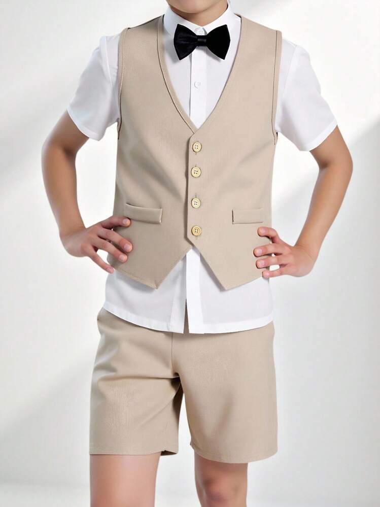 SHEIN 青少年男孩三件套正装：背心 + 短袖衬衫 + 短裤/长裤（配领结），适合生日派对、婚礼、周年纪念、情人节 - 彩色 - 查看 1