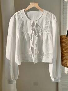 SHEIN 青少年女孩休闲简约舒适圆领蝴蝶结衬衫，返校季 - 白色 - 查看 6