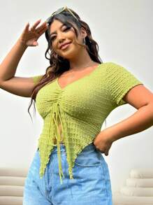 Solflare Plus Drawstring Front Asymmetrical Hem Tee - Lime Green - View 3