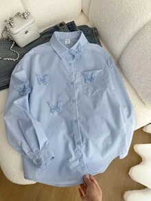 Tween 女童蓝色编织纯色蝴蝶结宽松可爱休闲衬衫，适合春季、秋季、冬季、秋冬分层穿着 - 藍色 - 查看 4