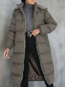 EURMUSE 女士冬季纯色连帽棉服大衣 - 灰色 - 查看 5