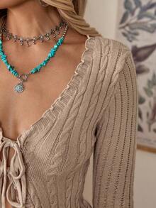 LanaWest 系带前生菜边短款开衫、长袖上衣 - 卡其色 - 查看 7