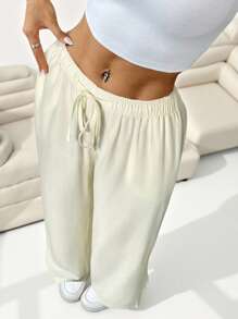 SHEIN EZwear Plus Size Solid Color Drawstring Pocket Casual Pants, Spring/Summer,Back To School - Beige - View 3