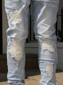 Manfinity Roghcode Plus Size Men's Light Blue Distressed Patch Denim Jeans, Fashionable Slim Fit Casual Pants Men Ripped Denim Jeans Streetwear Jeans