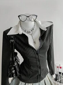 Elamini 黑色条纹亚麻面料撞色白领纽扣衬衫，复古优雅女士通勤休闲装，春秋季 - 黑色 - 查看 6