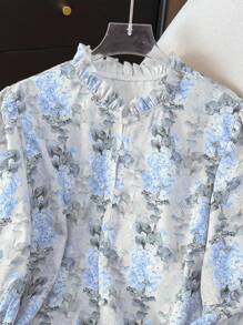 SHEIN Clasi 大码时尚休闲法式复古优雅通勤灯笼袖衬衫 - 藍色 - 查看 5