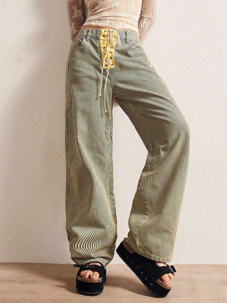 Bohemela Quần jeans nữ dệt sọc thường ngày phong cách BOHO Thu/Đông - Màu xanh lam - Xem 1