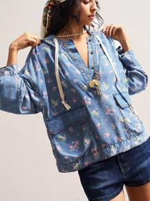 Bohemela 大码休闲复古碎花连帽衫 - 藍色 - 查看 5