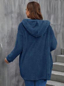 SHEIN LUNE 女款加大码休闲纯色前拉链连帽抓绒外套，泰迪熊连帽设计，适合秋季和冬季穿着，蓝色。 - 水鴨藍 - 查看 2