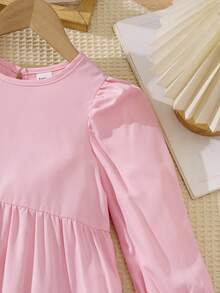 Elladie kids Vestido elegante para niña con cuello redondo, mangas farol, decoración de lazo exagerado y pliegues en contraste de color - Rosa - Ver 5