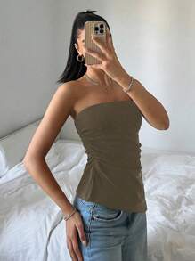 SHEIN EZwear 女士休闲纯色罗纹褶皱侧开叉抹胸咖啡棕色上衣露肩上衣巧克力棕色上衣 - 棕色 - 查看 3