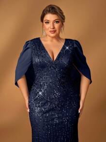 Serin Đầm dạ hội voan đính cườm sang trọng cổ chữ V thanh lịch lãng mạn cỡ lớn cho mẹ - Màu xanh hải quân - Xem 2