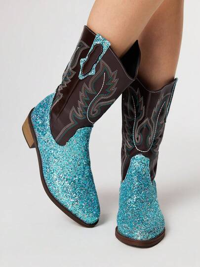 Fairycore Stivali da donna a metà polpaccio con punta tonda, nuova moda 2025, con ricamo, patchwork e paillettes, con taglio a V sul gambale lungo, tacco largo, versatili e in PU, stivali alti per donne