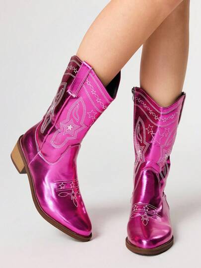 Fairycore Stivali da donna alti alla caviglia con ricamo, paillettes e patchwork, punta tonda, tacco largo, versatili, in PU, per la stagione 2025