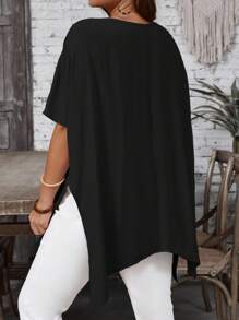 EMERY ROSE Camisa larga asimétrica de manga corta y cuello en V de unicolor, holgada, para mujer de talla grande, de verano - Negro - Ver 2