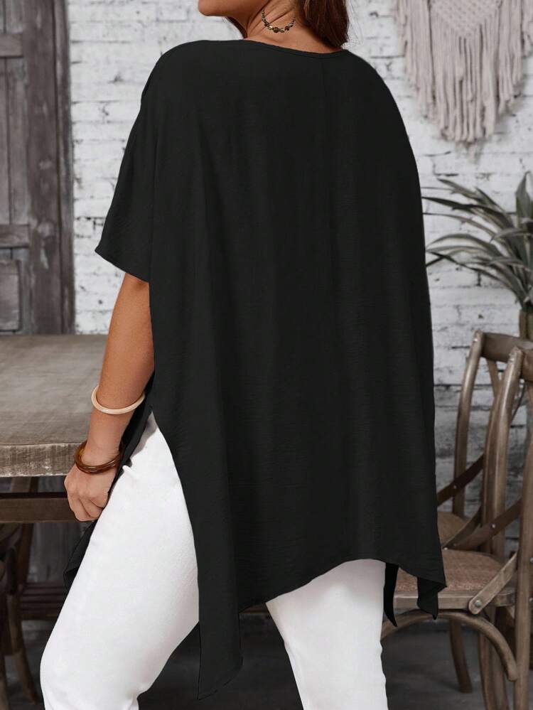 Plus Size Women's Solid Color V-Neck Short Sleeve Loose Asymmetrical Long Shirt, Summer