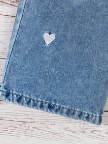 SHEIN Young Girls Y2K Style Jeans, New Fashionable White Heart Embroidered Vintage Medium Blue Washed Loose Straight Leg Denim Pants, Soft & Comfortable Material, Street Casual Versatile Wear, Girls Jeans Wide Leg Jeans