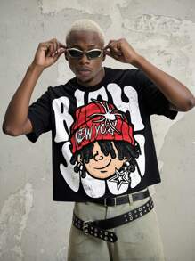 Manfinity EMRG 男士街头卡通连帽笑脸印花宽松短款T恤 - 黑色 - 查看 1