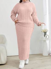 Conjunto de dos piezas de suéter de cuello alto de punto de cable y falda