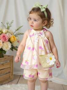 SHEIN Bộ 2 món áo không tay và quần short vải voan thêu hoa trang trí nơ 3D cho bé gái, ngọt ngào và tràn đầy năng lượng cho mùa hè - Màu tím - Xem 3