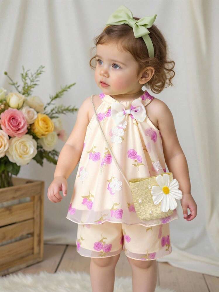 SHEIN Baby Girls' Floral Embroidery Chiffon 3D Bow Decor Sleeveless Top And Shorts 2 Pieces Set, Sweet & Energetic For Summer - Purple - View 3