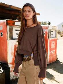 Easelle 女牛仔复古西部女式休闲宽松落肩纯色运动衫秋冬女装不对称下摆剪裁复古水洗 - 咖啡棕 - 查看 4