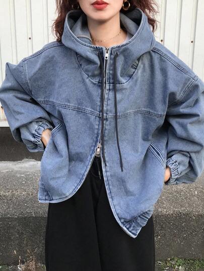 FRIFUL Áo khoác denim hoodie dài tay có túi khóa kéo phía trước dành cho nữ