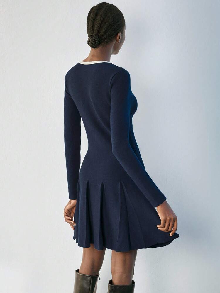 Maija Navy Blue Round Neck, Contrast Trim Pocket, Pleated Hem Short Dress, Elegant & Modern Navy Dress Dark Blue Dress Skirt Dress Navy Pleated Dress Fit And Flare Dress Fall Women Clothes Navy Skater Dress Fit And Flare Navy Dress,Fall Clothes For Women Party Outfit Christmas Party Dress Autumn Outfits For Women Elegant Dress Women Women's Winter Clothes - Navy Blue - View 3