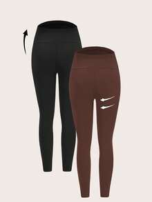 Modmama 孕妇装 2 件套纯色弹力腰高弹力紧身裤 - 棕色 - 查看 2