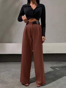 SHEIN Tall Tall Size Brown Belted Extra Long Straight Leg Woven Fabric Pants For Women - Brown - View 6