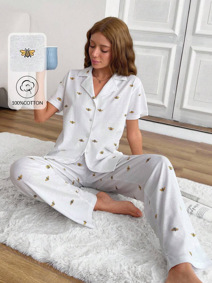 SHEIN Cottnline Women Button Front With Cute Bee&Animal Printed Homwear PJ Set - White - View 1