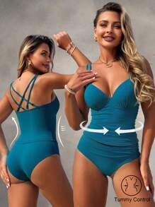 Shapewave Bộ đồ bơi tankini phong cách kỳ nghỉ trưởng thành ôm sát tôn dáng cho lễ hội âm nhạc bãi biển mùa hè dành cho nữ - màu xanh lá - Xem 1