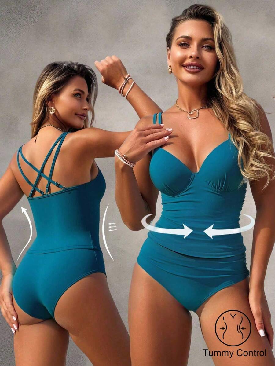 Shapewave Bộ đồ bơi tankini phong cách kỳ nghỉ trưởng thành ôm sát tôn dáng cho lễ hội âm nhạc bãi biển mùa hè dành cho nữ - màu xanh lá - Xem 1