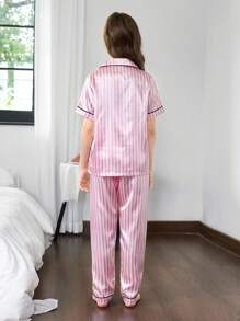 仿丝条纹翻领开衫睡衣，适合少女穿着，粉色睡衣套装，条纹睡衣，女童睡衣套装 - 紅白色 - 查看 2