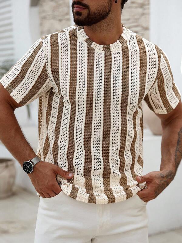 Manfinity Homme Camiseta de manga corta casual de verano con bloques de color y rayas para hombre