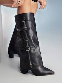 CUCCOO GRLICON Women's Pointed Toe Chunky Heel Over-The-Knee Boots, Y2K Style For Halloween, Christmas, Party Outfits - Black - View 5