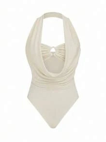 Elenzga 法式奶油纹理条纹夏季甜辣款 Bralette 风格细肩带露背紧身衣，适合海滩度假穿着 - 杏色 - 查看 3